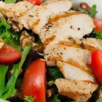 Grilled Chicken Walnut · Baby mixed greens, romaine, walnuts, tomatoes and onions.