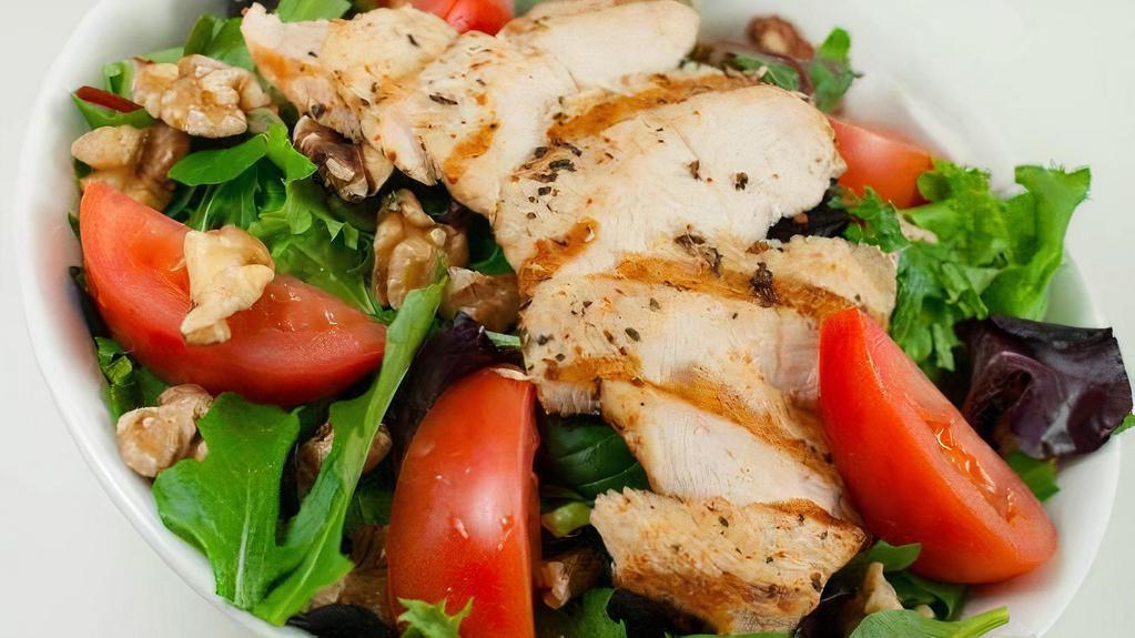 Grilled Chicken Walnut · Baby mixed greens, romaine, walnuts, tomatoes and onions.