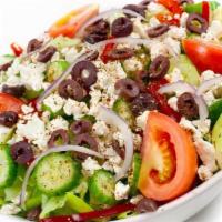 Greek Salad · Feta cheese, kalamata olives, tomatoes, bell peppers, Persian cucumbers over a bed of romain...