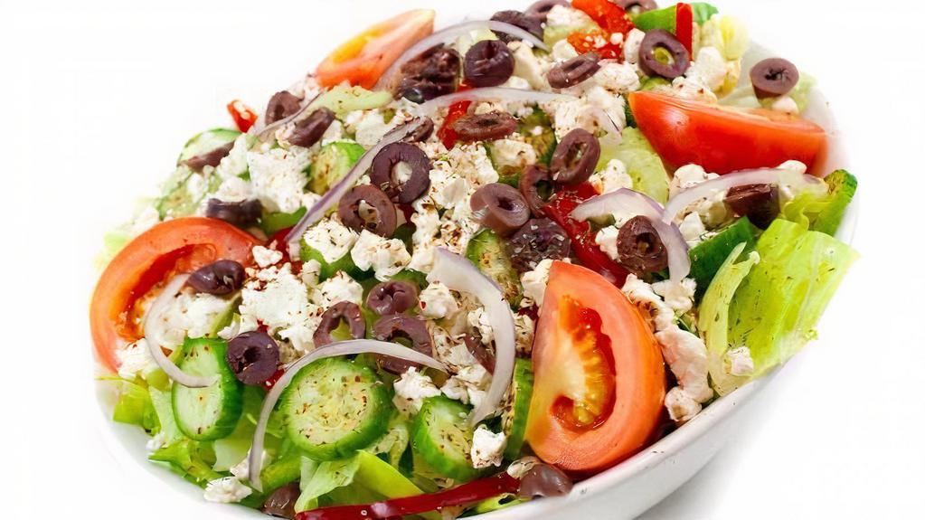 Greek Salad · Feta cheese, kalamata olives, tomatoes, bell peppers, Persian cucumbers over a bed of romaine heart lettuce.
