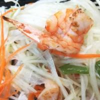 Papaya Salad With Grilled Shrimp · True north eastern style papaya salad with dried shrimp, grilled shrimp and the sauce