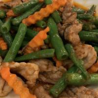 Prik Khing · Choice of protein, long green bean, and red chili paste stir-fried with kaffir-lime leaves. ...