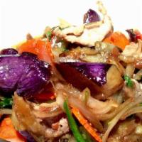 Spicy Eggplant · Choice of protein, Japanese eggplant, Serrano chili, sweet onion, and basil garlic sauce. Se...