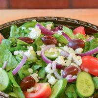 Greek Salad · Romaine lettuce, tomato, cucumber, black olive, red onion, feta cheese, and Greek dressing. ...