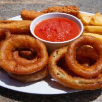 Sampler · Buffalo wings, fried zucchini onion rings and mozzarella sticks (no substitutions).