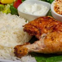 Quarter Dark Chicken · Natural. 1/4 rotisserie chicken served with hummus, basmati rice, salad, pita bread, and gar...