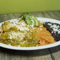 3 Red Chicken Enchiladas · Big portion of (3) corn tortillas wrapped with our chipotle chicken & Jack cheese topped wit...