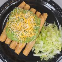 5 Rolled Tacos · with guacamole and cheese