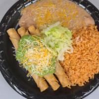 3 Rolled Tacos Combo · Most popular. with guacamole, cheese. Rice and beans on the side