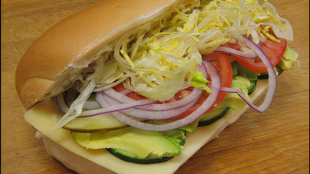 Vegetarian Sandwich · Sandwich includes avocado, cucumber, mayonnaise, mustard, lettuce, tomato, pickles and onions.