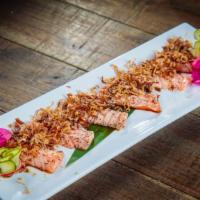 Seared Salmon Belly Sashimi With Crispy Onion · Torched salmon belly sashimi with olive oil , black pepper, Crispy onion & Mustard Sauce