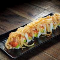Hollywood Roll · Mixed California Roll & Spicy Tuna inside: Albacore Sashimi & Sauteed Onion on Top with Truf...