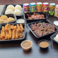 Party Pack · feeds 4-6 People, 1 lbs. of Shoyu bbq chicken, 1 kalbi platter (5strips), 1 lbs of katsu, Ch...