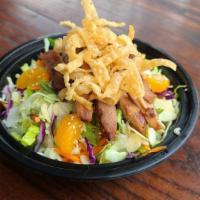 Asian Shoyu Chicken Salad - Regular Size · Romaine lettuce, Cabbage, carrots, cilantro, Yellow Bell Peppers, Mandarin oranges, sliced a...