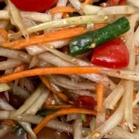 Papaya Salad · Shredded papaya, carrot, tomato, tossed in house sauce.  (will include either Asian eggplant...