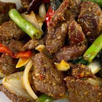 Cha Kroeung  · Choice of protein. Stir fry in lemongrass paste, green beans, bell peppers, onions, (and hol...