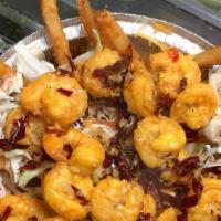 Garlic Shrimp Fries  · Fries,Cheese,coleslaw, and shrimp.