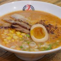Spicy Miso Tonkotsu Ramen · Spicy miso base with thick noodle, minced pork, scallions, egg, corn.