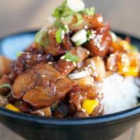 Chashu Bowl · Chicken or pork, honey glazed, crispy onion, corn and baby bok choy over steamed rice.