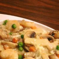 Shrimp With Lobster Sauce · With white rice. Jumbo peeled shrimp with white egg sauce and peas , carrots and mushrooms i...