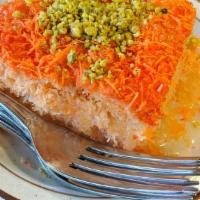 Knafeh · Ricotta sweet cheese rapped with shredded filo dough.