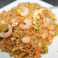 Shrimp Fried Rice · Shrimp, eggs, carrots, onion, and peas.