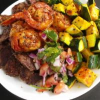 Surf And Turf · Steak, shrimp, rice, zucchini, Pico de Gallo