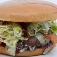 The Bbq Bacon Blue Burger · Sweet baby ray’s bbq sauce, blue cheese crumble, shredded lettuce and bacon. 100% fresh grou...