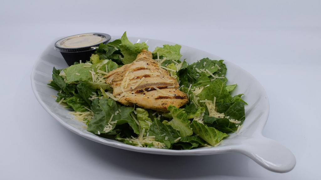 Chicken Caesar Salad · Crisp Cold Romaine Lettuce, Grilled Chicken, Shredded Parmesan Cheese, Creamy Caesar Dressing, Crunchy Croutons.