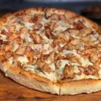 Boston Chicken Special Pizza · Choice of garlic, bbq or buffalo chicken with bacon, mushroom and onions.