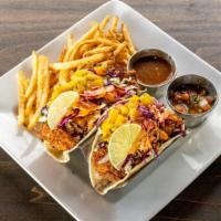 Crispy Mahi Mahi Tacos · Mahi Mahi, Coconut Battered, Mango Salsa and Chipotle Aioli