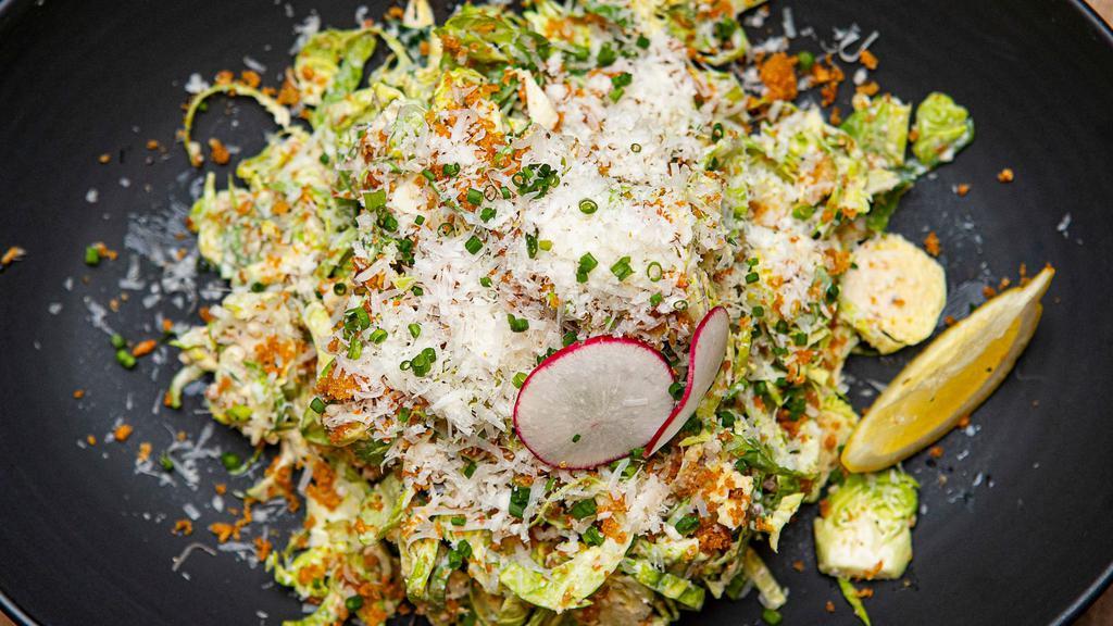 Brussels Sprout Caesar Salad · Citrus caesar dressing, parmesan, shaved radish & anchovy breadcrumbs.