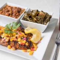 Grilled Tilapia · Blackened seasned Tilapia, 8-9oz, grilled to order, topped w/ citrus mango salsa