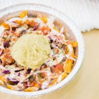 Extreme Chicken Bowl · Toppings include rice, lettuce, tomato, onions, red cabbage, tzatziki sauce, and your choice...