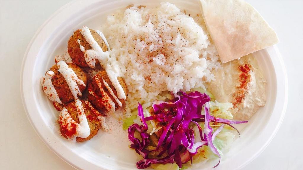 Falafel Plate (Veg) · Comes with rice, salad, pita bread, tzatziki sauce, mild sauce, and your choice of hummus.