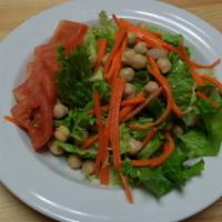 Mixed Greens And Tomatoes Salad · Mixed green and tomatoes, carrots, garbanzo beans, balsamic sauce. Add cheese for an additio...