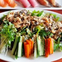 Salmon Skin Salad (Large) · Mixed greens, cucumber, radish, gobo, garlic ponzu dressing.