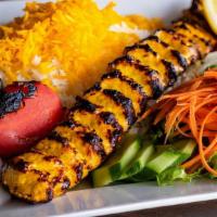 Chicken Koobideh Kabob Lunch · Halal. One skewer of seasoned ground chicken served with broiled tomato and basmati rice.
