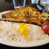 Fish Kabob Of The Day · One whole fish marinated in special saffron recipe and served with basmati rice