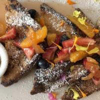 French Toast · Maple syrup, mint, edible flowers. Add yuzu berries for an additional charge.