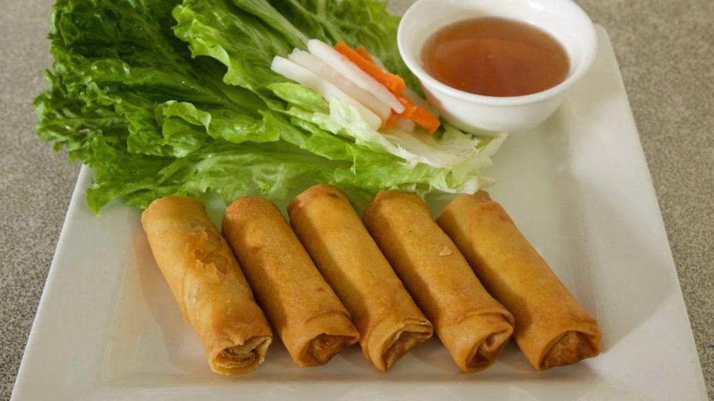 Pork Egg Rolls  (Phần Chả Giò)  · Pork and carrots wrapped and fried in egg paper.
(5 pcs)