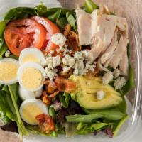 Salad Cobb · Lettuce Mix, avocado, hard boiled egg, bacon, turkey, tomatoes, blue cheese, green onions an...
