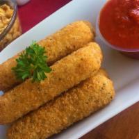 Mozzarella Sticks · Eight pieces. Mozzarella sticks coated with seasoned bread crumbs and served with a side of ...