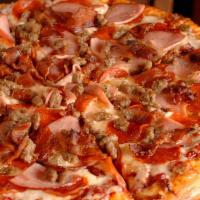 The Meaty Specialty Pizza · Pepperoni, ham, sausage, ground beef, and bacon.