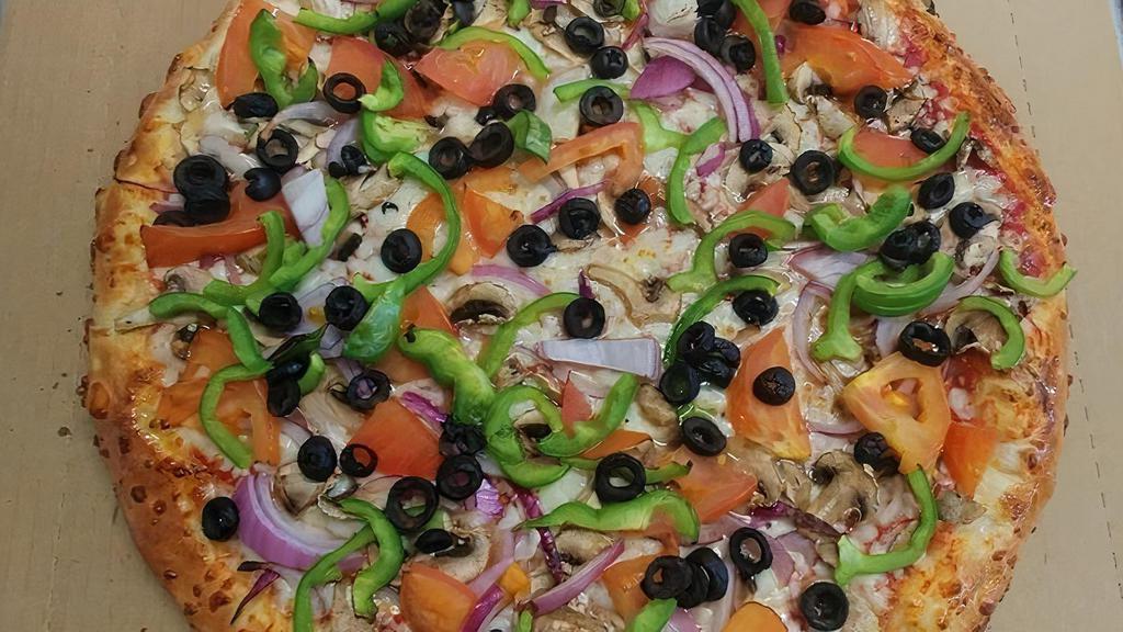 The Veggie Specialty Pizza · Mushroom, tomato, bell pepper, red onion, and black olives.