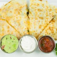 Quesadillas · Large flour tortilla stuffed with jack and cheddar cheeses, scallions, tomatoes and olives. ...