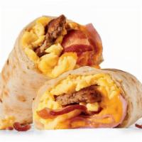 Meat Lovers Breakfast Burrito · Bacon, sausage patty and ham plus scrambled eggs and shredded cheddar cheese, in a warm flou...
