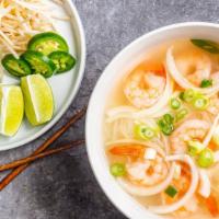 Shrimp Noodle Soup · Served with Cilantro, Bean Sprout, Jalapeño, Green Onion,  White Onion and Lime.