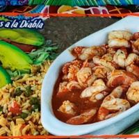 Shrimp À La Diabla · All plates served with rice, beans and salad.