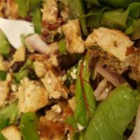 Chicken Cranberry Almond Salad · Mixed green lettuce, cranberries, feta cheese, almonds, red onions, cucumbers. Tossed with r...